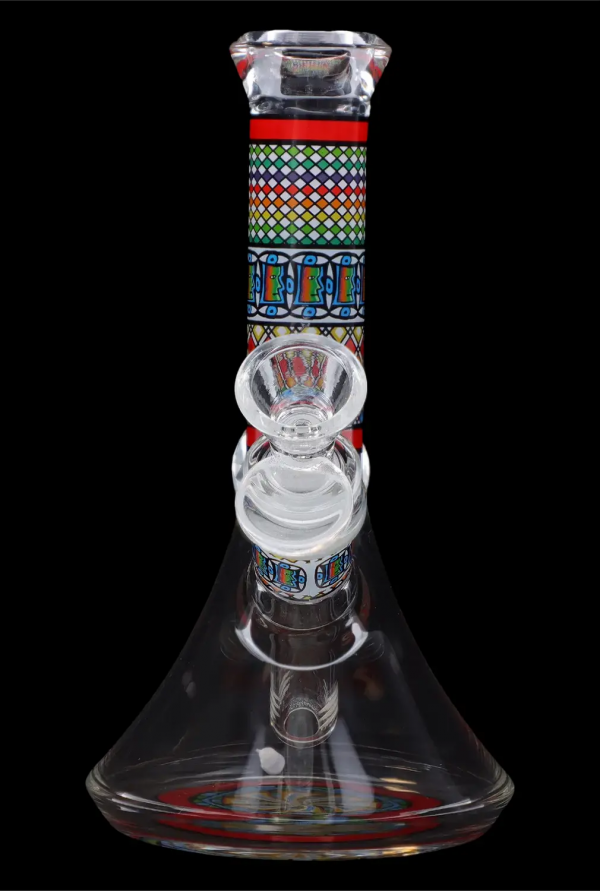 Colorful glass water pipe with percolators, studio shot on a black background.