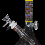 Glass water pipe (bong) with colorful geometric pattern and ice catcher.