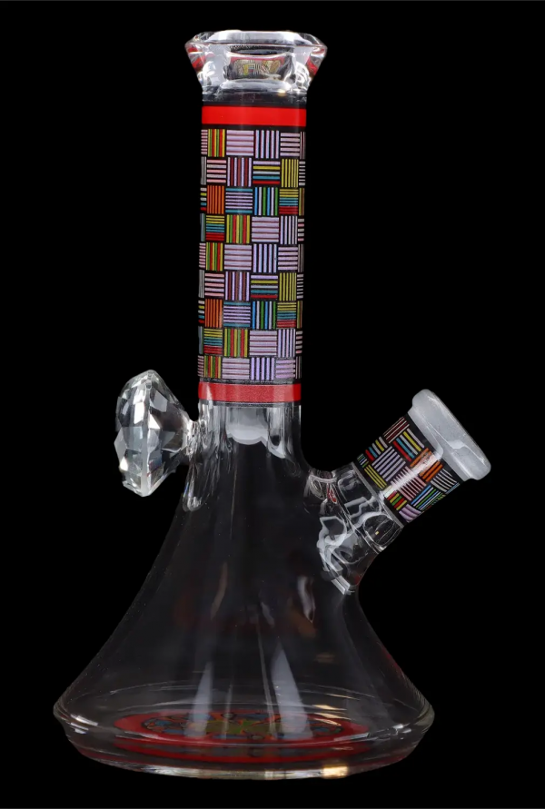 Black glass bong with colorful geometric patterns and ice catcher.