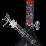 Glass water pipe with colorful geometric patterns and clear glass accents, against a black background.