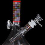 A colorful glass water pipe (bong) with a flared base and clear glass accents.