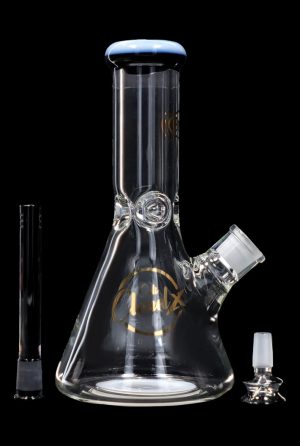 Glass beaker bong with downstem and bowl, isolated on a black background.