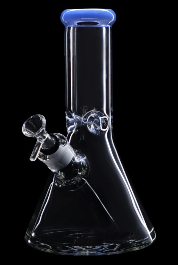 Clear glass bong with blue accents, featuring a downstem and bowl.