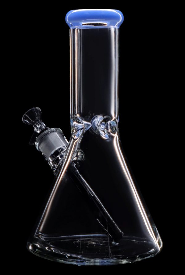 Clear glass bong with blue accents against a black background.