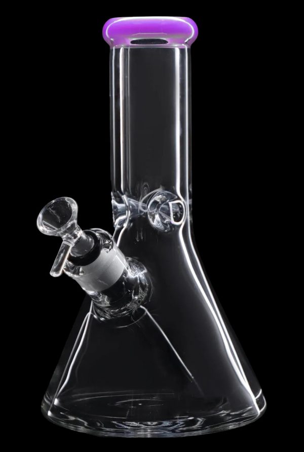 Clear glass bong with a purple mouthpiece and ice catcher.
