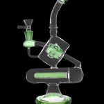 Green glass water pipe with multiple chambers and percolators.