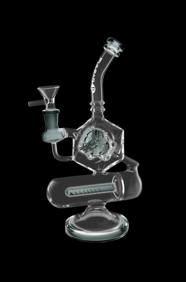 Clear glass water pipe (rig) with intricate hexagonal percolator chamber.