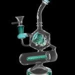 A clear glass water pipe (bong) with teal accents and intricate internal percolators, isolated on a black background.