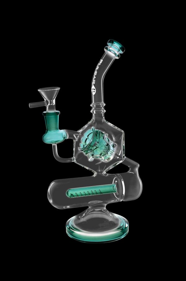 A clear glass water pipe (bong) with teal accents and intricate internal percolators, isolated on a black background.