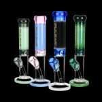 Four colorful glass bongs with ice pinches, branded "PULSAR," against a black background.