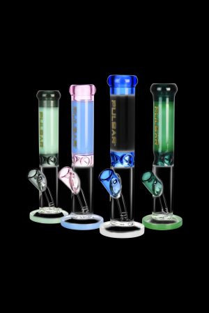 Four colorful glass bongs with ice pinches, branded "PULSAR," against a black background.