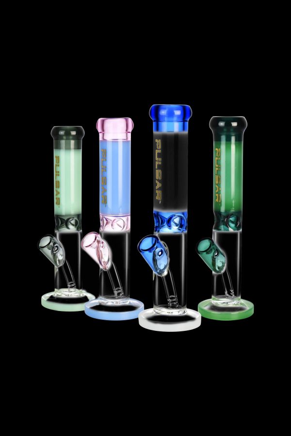 Four colorful glass bongs with ice pinches, branded "PULSAR," against a black background.