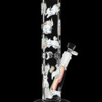 Glass bong decorated with cartoon cats, featuring a clear bowl and visible liquid inside, against a black background.