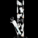 Glass bong decorated with cartoon cats, isolated on a black background.