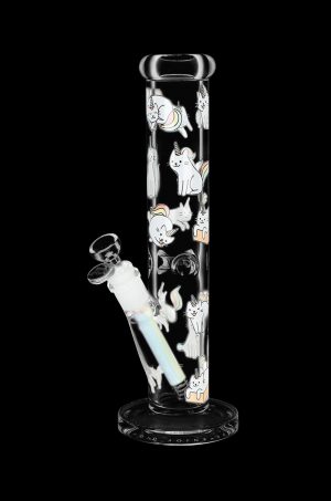 Glass bong decorated with cartoon cats, isolated on a black background.