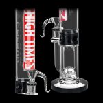 Clear glass water pipe (bong) with intricate design and “High Times” branding, isolated on a black background.