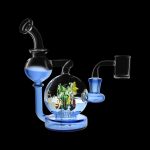 Blue glass dab rig with intricate glass sculpture inside, featuring a matching carb cap.