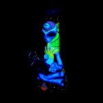 Fluorescent depiction of a mythical creature holding a cannabis bud and smoking tools.