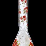Glass bong decorated with red roses and green rim, against a black background.