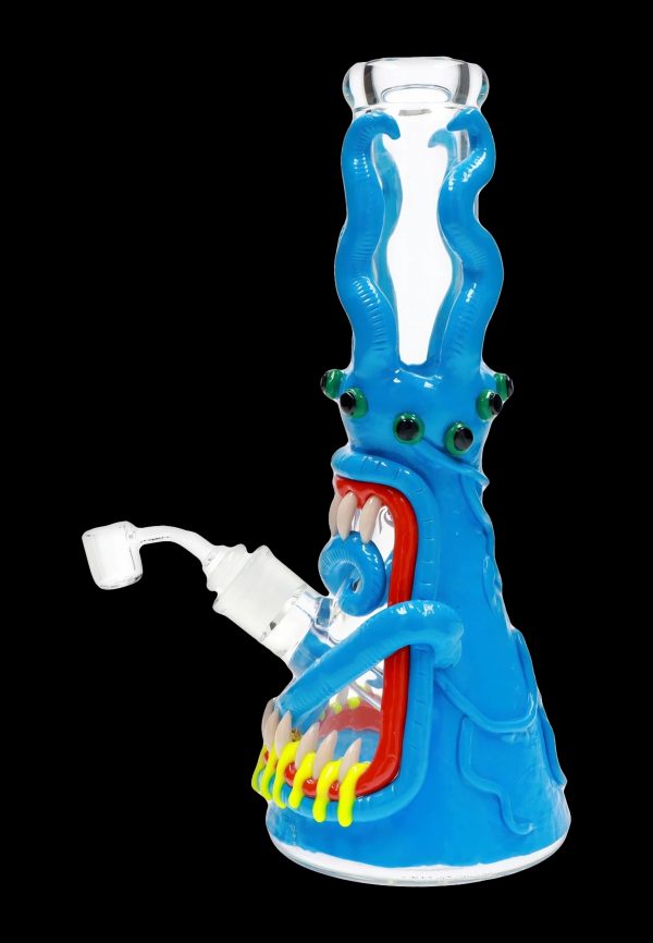 Blue glass water pipe shaped like an octopus with a clear mouthpiece and intricate detailing.