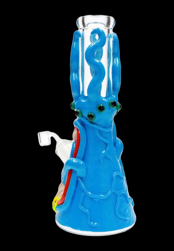 Blue glass water pipe shaped like an octopus with green eyes.