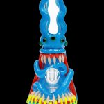 Blue glass octopus-shaped water pipe with red and yellow details.