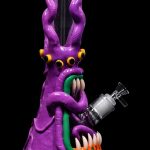 Purple glass bong shaped like a monster with tentacles and glowing eyes.