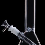 Clear glass bong with blue accents against a black background.