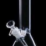 Clear glass bong with blue accents against a black background.