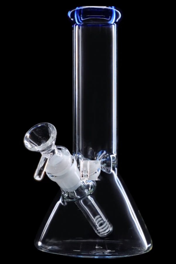 Clear glass bong with blue accents against a black background.