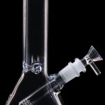 Clear glass bong with blue accents, isolated on a black background.