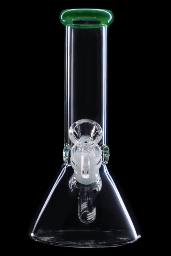 Clear glass bong with green accents, isolated on a black background.