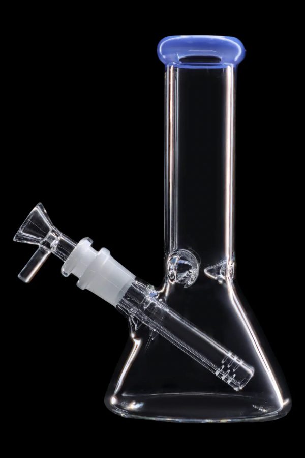 Clear glass bong with blue accents, isolated on black.