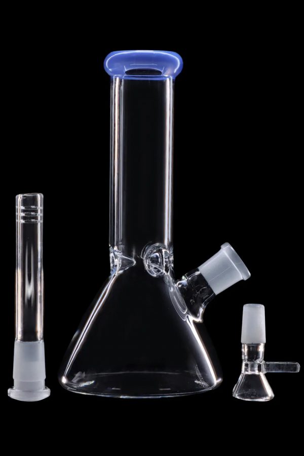 Clear glass bong with detachable downstem and bowl, isolated on a black background.
