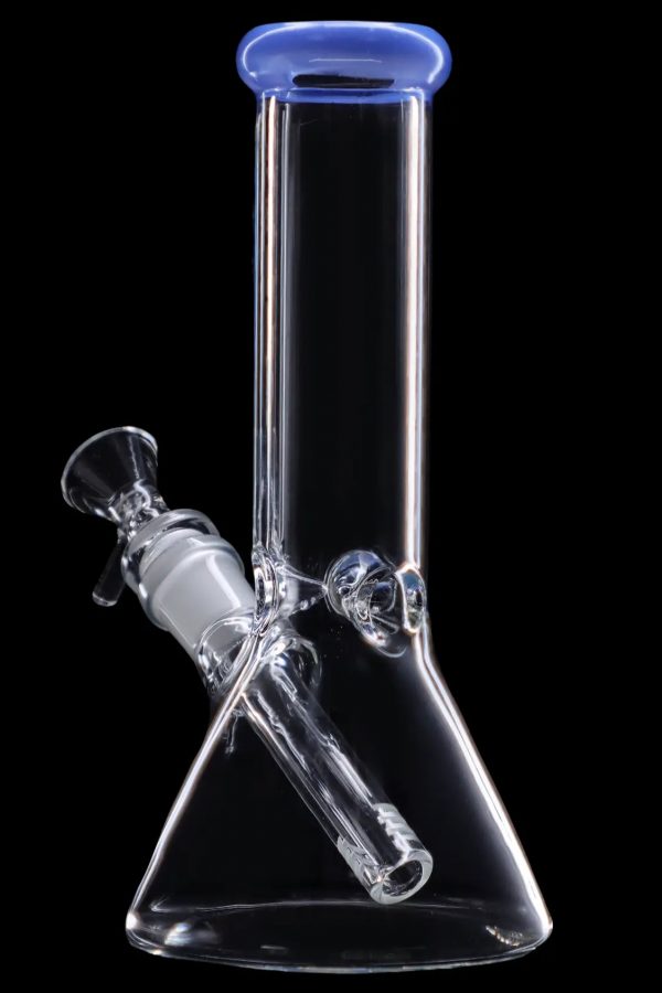 Clear glass bong with blue accents against a black background.