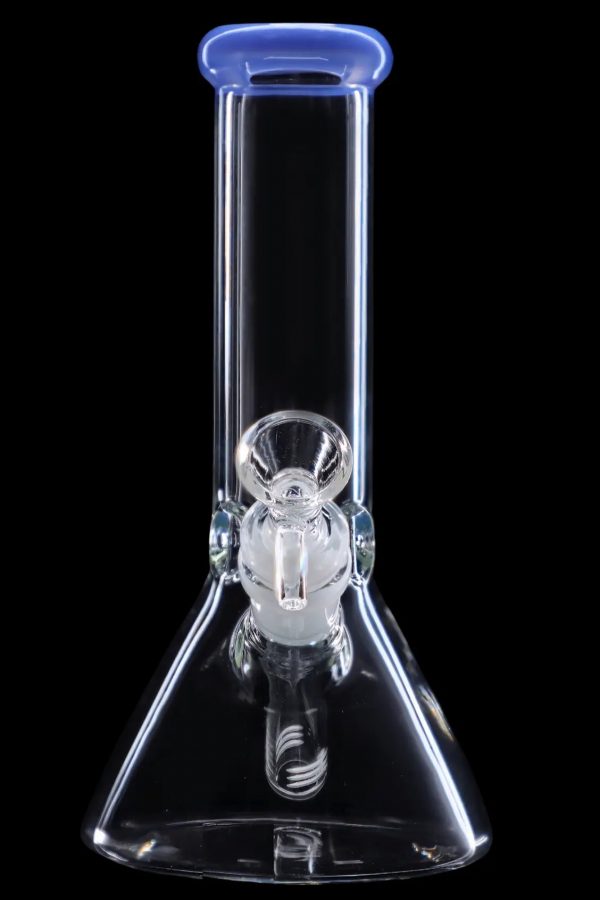 Clear glass bong with blue accents, isolated on black.