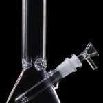 Clear glass bong with blue accents and a removable downstem.