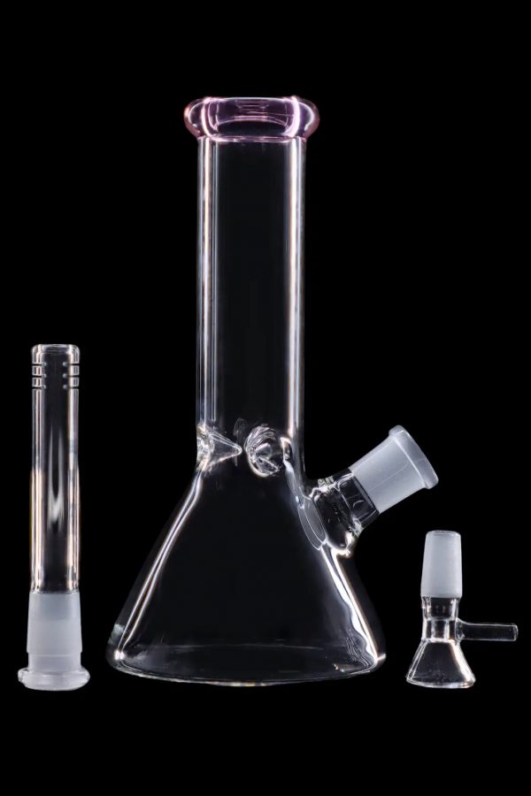 Glass bong with downstem and bowl, isolated on a black background.
