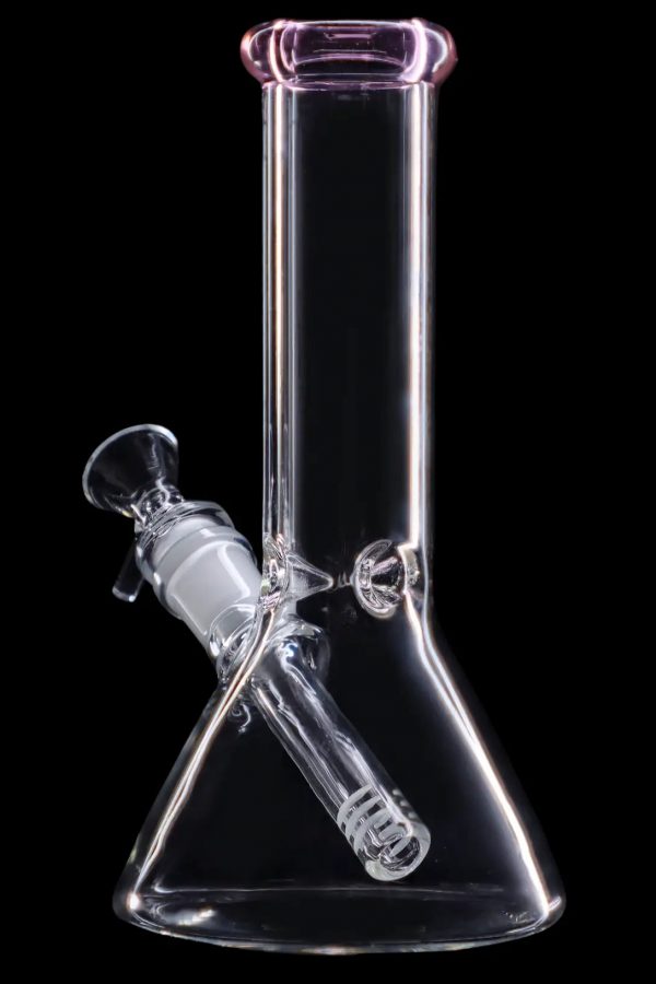 Clear glass bong with a diffused downstem, isolated on a black background.