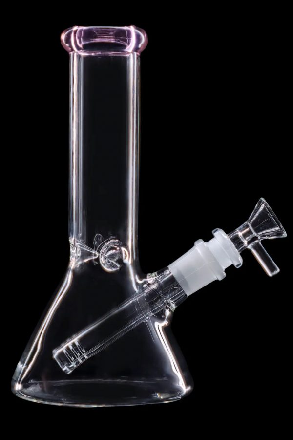 Clear glass bong with a flared base and removable downstem, isolated on a black background.