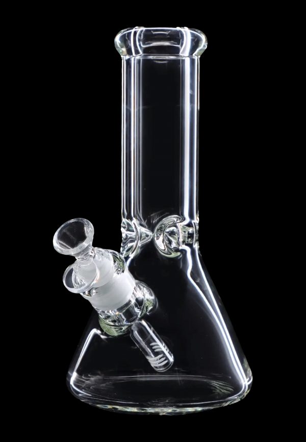 Clear glass bong with ice catcher, isolated on black.