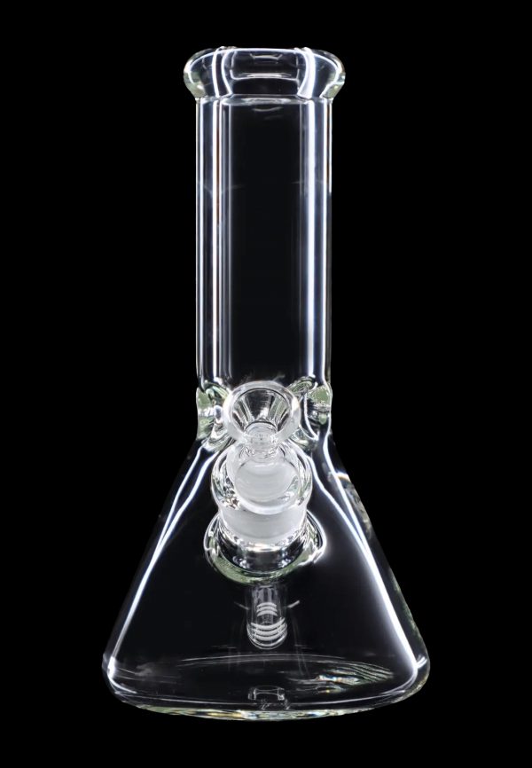 A straight-on view of the 10" 5mm Ice Pinch Beaker, showcasing its clear glass construction and simple beaker shape.