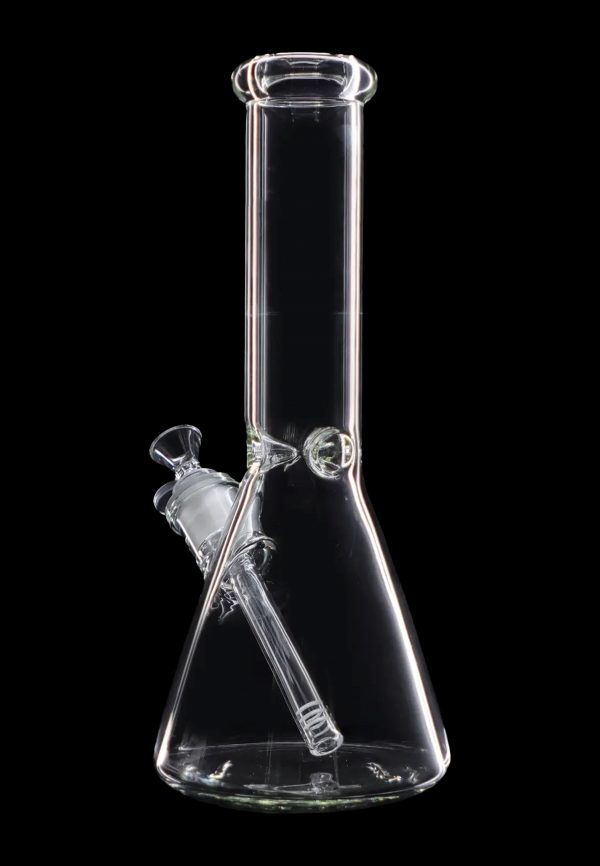 Clear glass bong against a black background.
