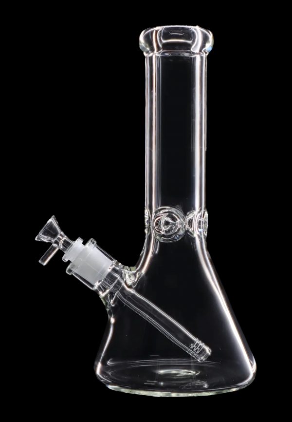 Clear glass bong with ice catcher, isolated on black.