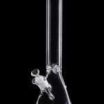 Clear glass bong with ice catch and removable downstem, isolated on black.