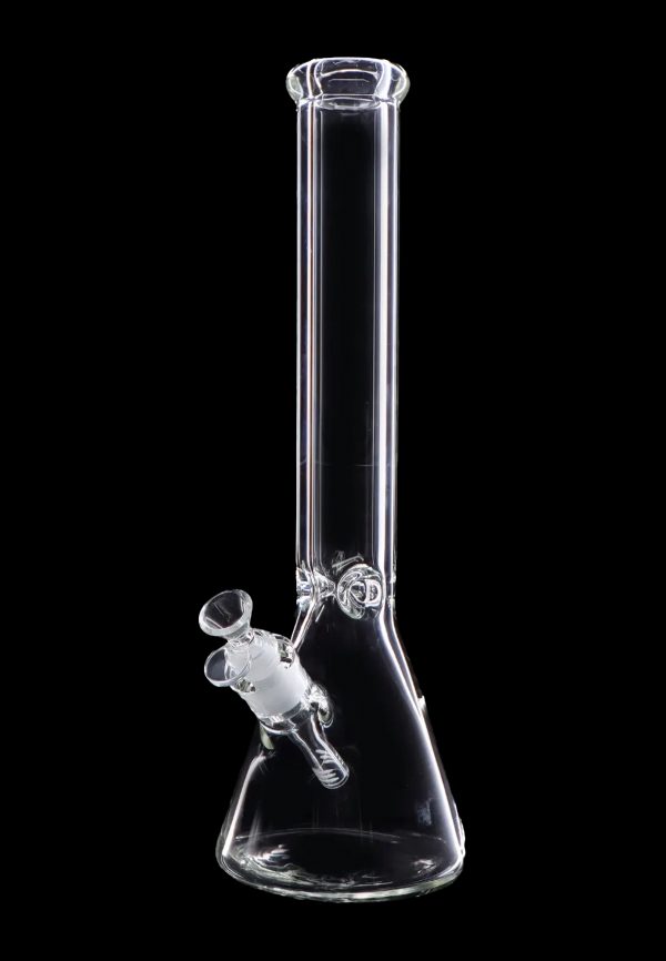 Clear glass bong with ice catch and removable downstem, isolated on black.