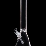 Clear glass bong against a black background.
