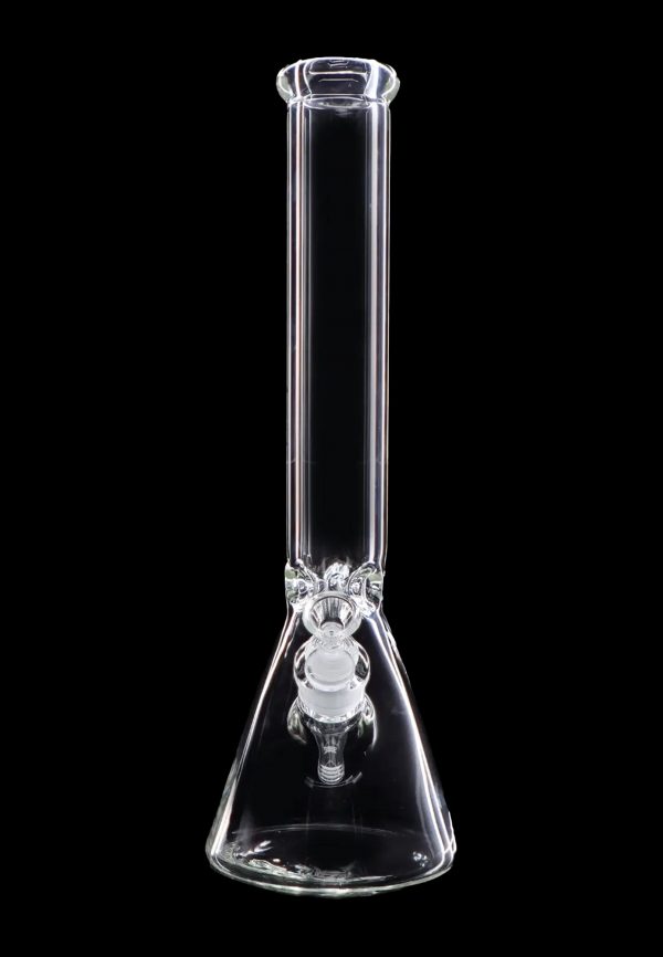Clear glass bong against a black background.