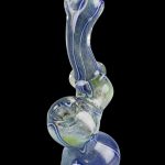 Front view of the Worked Fritted Bubbler Hand Pipe - Boomer, featuring a swirled blue and clear glass design.