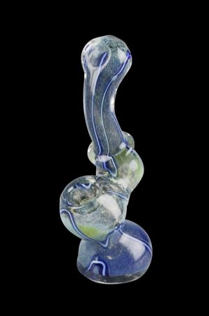 Front view of the Worked Fritted Bubbler Hand Pipe - Boomer, featuring a swirled blue and clear glass design.